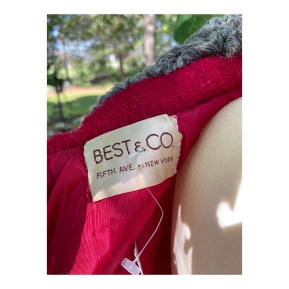 60s Best & Co Red Wool Pea Coat Dress Coat Persian Fur Collar Fall Jacket - Picture 14 of 16